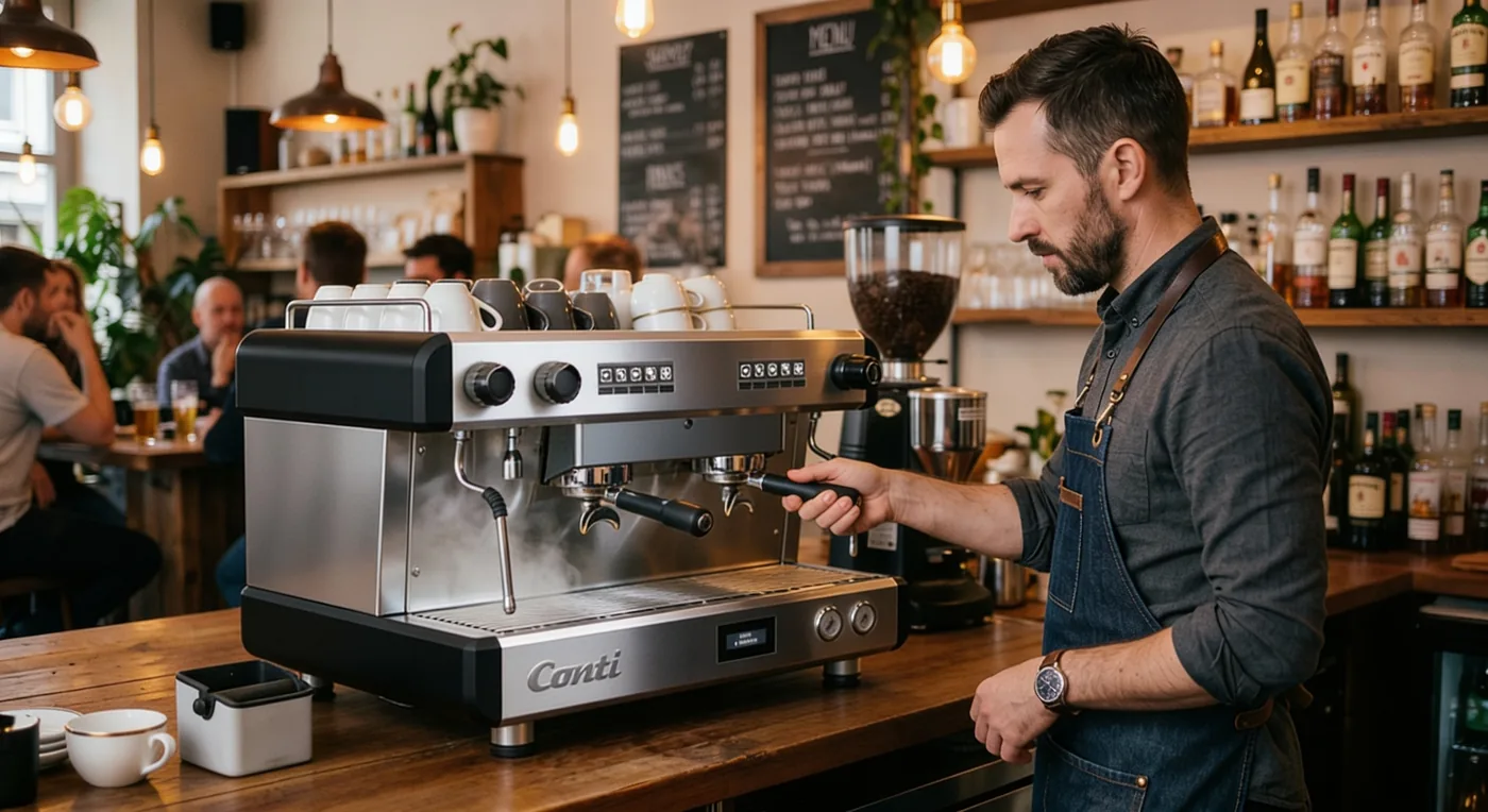 Barista sur machine espresso Conti en bar restaurant, Café 1988 Narbonne